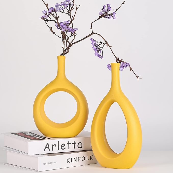 Yellow Ceramic Hollow Elliptical Vase Set of 2 - Boho Circle Vase with Hole, for Modern Yellow Table Decor, Living Room Decor Shelf mid Century Modern Home Entrance Decorative vase