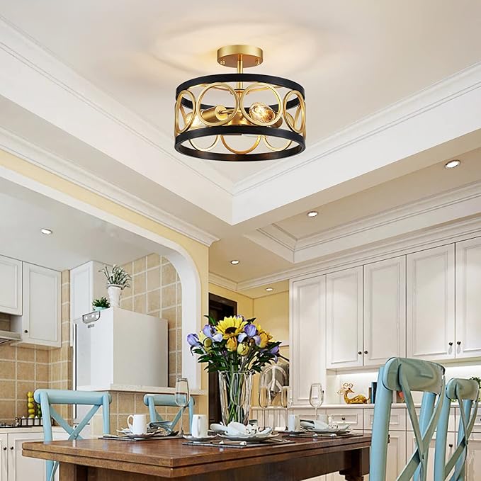XINGQI 13" Modern Semi Flush Mount Ceiling Light Fixture, Black and Gold Drum Chandelier with Metal Shade Farmhouse Round Ceiling Lamp for Living Dining Room Bedroom