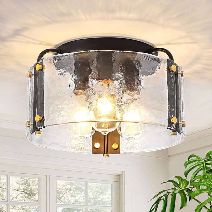 TOULMJ 15'' Semi Flush Mount Ceiling Light, Black Morden Hallway Light Fixture 3-Light Ceiling Light Fixture with Seeded Glass Shade for Dining Room Hallway Entryway Bedroom Laundry Room