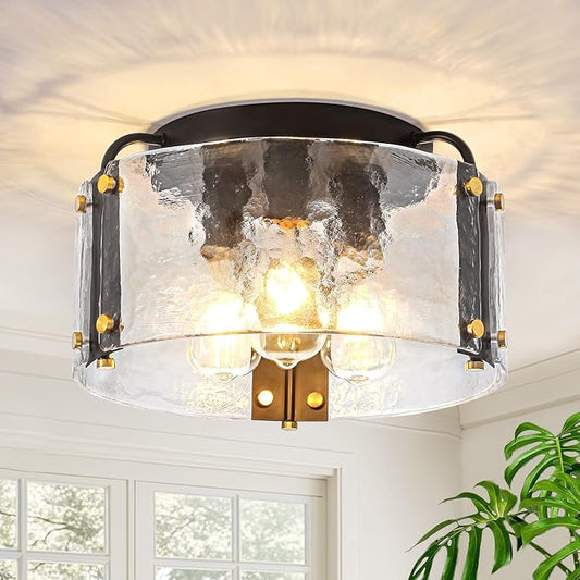 TOULMJ 15'' Semi Flush Mount Ceiling Light, Black Morden Hallway Light Fixture 3-Light Ceiling Light Fixture with Seeded Glass Shade for Dining Room Hallway Entryway Bedroom Laundry Room