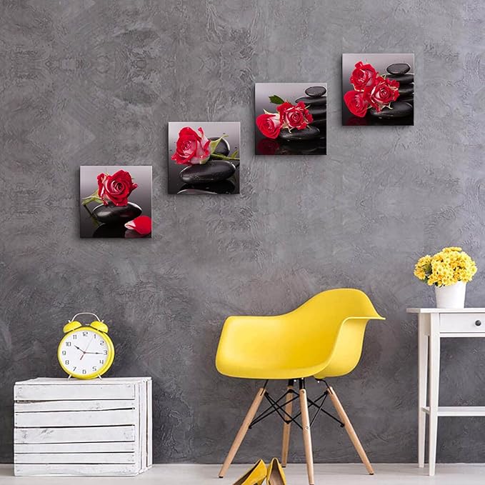 Yxbhhym-Black Red Canvas Wall Art Bedroom Stones Zen Wall Decor Rose Pictures Floral Poster print Spa Bathroom Wall Art for Living Room Decoration Kitchen Accessories Room Decor Framed Artwork