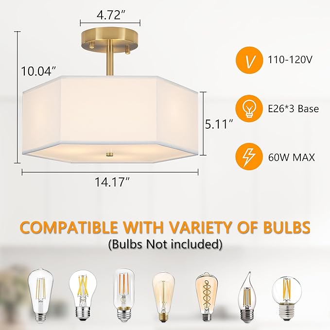 Modern Ceiling Light with White Fabric Shade 3-Light Gold Semi Mount Flush Fixture for Bedroom Dining Room Kitchen and Hallway