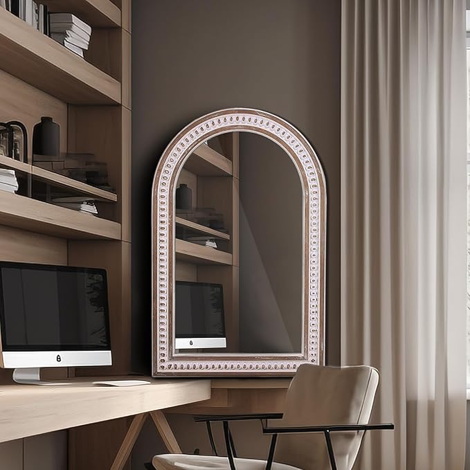 36x24 Inches Boho Wooden Arched Wall Mirror with Beaded, Rustic Farmhouse Decorative Arch Mirrors for Bathroom Vanity, Living Room, Entryway, or Foyer