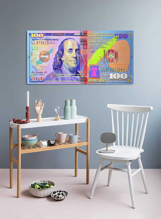 Office Artwork Wall Decor 100 Dollar Money Wall Art Giclee Canvas Paintings Prints Men Canvas Artwork Abstract Creative 100 Bill Art Print for Living Room Bedroom Decor Framed Easy to Hang- 32"Wx16"H