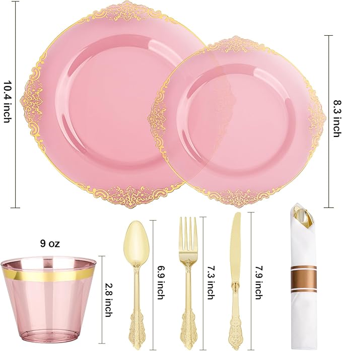 350 PCS Burgundy and Gold Plastic Plates, Disposable Dinnerware Set for 50 Guests, 100 Disposable Plates, 150 Silverwares, 50 Cups, 50 Napkins for Wedding, Party, Graduation