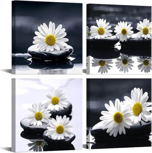 Yxbhhym-Black and White Wall Art Zen Décor Canvas Print Daisy Poster Painting Flower Stone Picture Meditation Artwork for Bathroom Decoration Dining Wall Art Bedroom Living Room Decor Office Framed