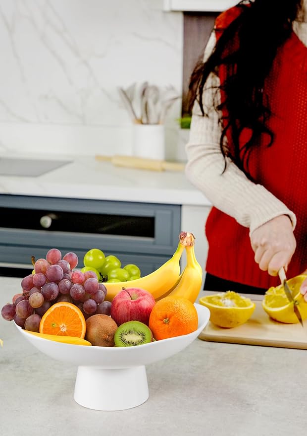 Nucookery Ceramic Fruit Bowl for Kitchen Counter, Modern Fruit and Bread Basket Stand,10 inch Large Decorative Bowl for Home Kitchen Decor, Fruit & Vegetables Holder Storage, Matte White