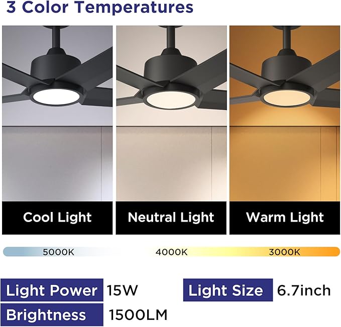 ocioc 52 inch Ceiling Fans with Lights, 2 Pack Black Ceiling Fan with Light and Remote Control, 3CCT, Quiet DC Motor, 5 Blades Modern Ceiling Fan for Living Room Farmhouse Bedroom