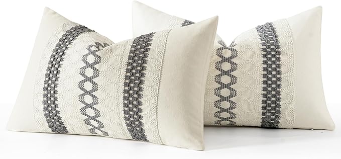MIULEE Set of 2 Gray Boho Decorative Lumbar Pillow Covers 12x20 Inch Farmhouse Rustic Couch Throw Pillows Modern Cotton Cushion Covers Retro Cute Macrame Woven Home Decor for Bed Sofa Chair