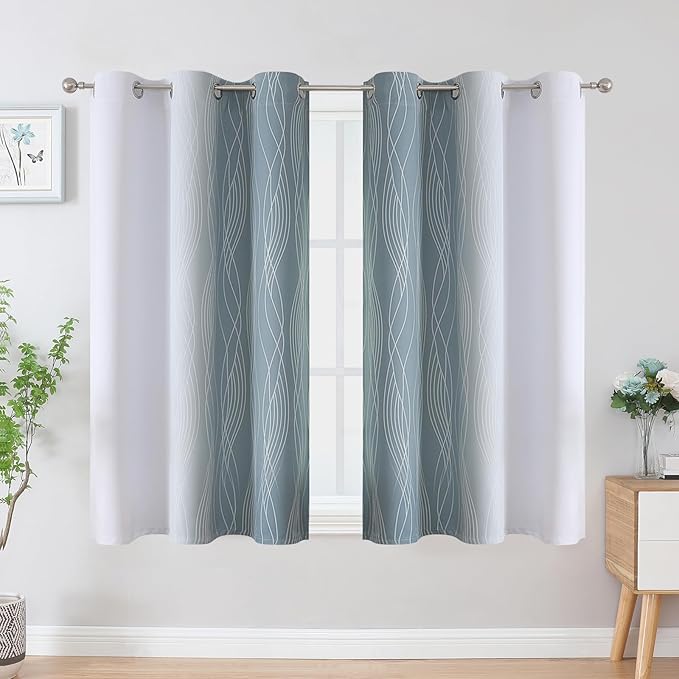 Estelar Textiler Stone Blue and Greyish White Ombre Blackout Curtains 45 Inch Length 2 Panels, Full Room Darkening Drapes for Kitchen, Thermal Insulated Grommet Short Curtains for Bathroom,42Wx45L