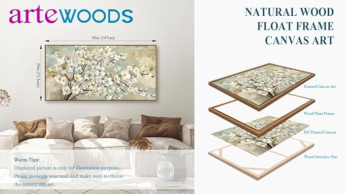 arteWOODS Flowers Framed Wall Art - Beige Flower Branches Canvas Pictures Wall Decor Rustic Brown Botanical Painting Artwork Elegant Floral Prints for Living Room Bedroom 58 x 29in Natural Wood Frame