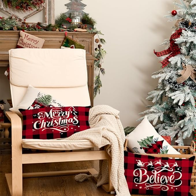 GEEORY Merry Christmas Pillow Covers 12 x 20 Inch Set of 4, Xmas Trees Buffalo Plaid Believe Truck Throw Pillowcases Farmhouse Decorative Cushion Cases for Home Sofa Decoration G421-12