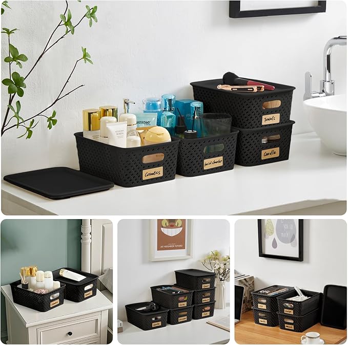 Small Plastic Twill Woven Storage Baskets with Lids, Stackable Organizing Containers with Labels for Pantry Closet Office, 6-Pack,10.35"x7.3"x4.09", Black