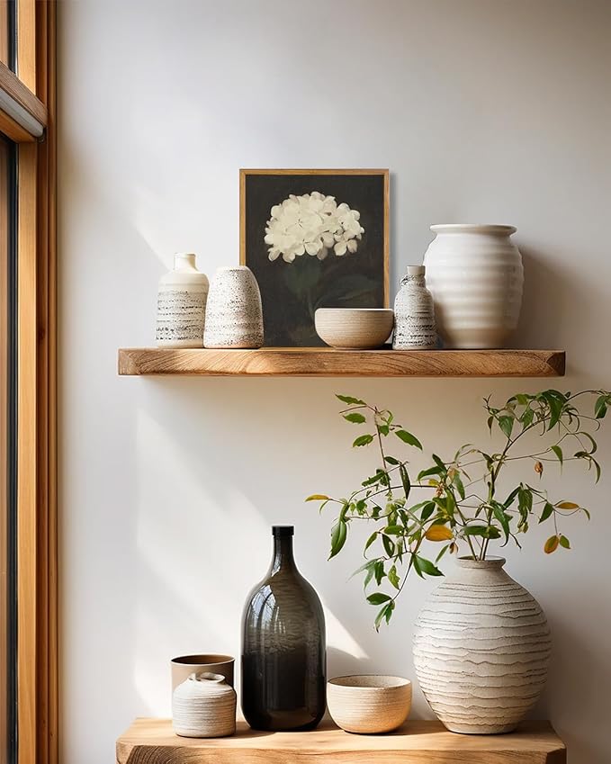 KBKBART Framed Wall Art Vintage Wall Art Room Decor, White Hydrangea Still Life Flower Canvas Oil Painting Prints, Classical Floral Wall Decor, Bedroom Bathroom Pictures Artwork(8“x10