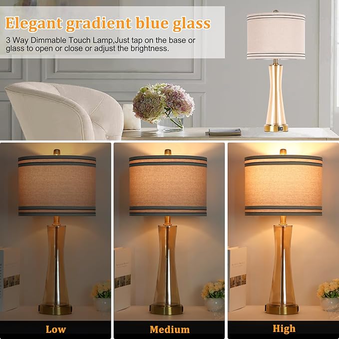 27.4''Table Lamps for Living Room Set of 2,3-Way Dimmable Modern Glass Bedside Lamps with USB Ports,Tall Lamps for Night Stands,Touch End Table Lamps for Bedroom Desk Lamps for Home Office(Glod)