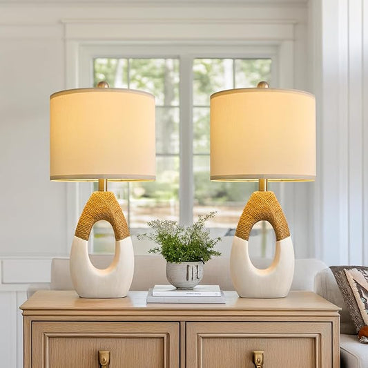 OYEARS 22” Boho Table Lamps for Bedroom Living Room Upgraded Set of 2 Medium Farmhouse Rattan Table Lamps, Rustic Home Decoration Nightstand Bedside Lamp for Office (Not Include Bulbs)