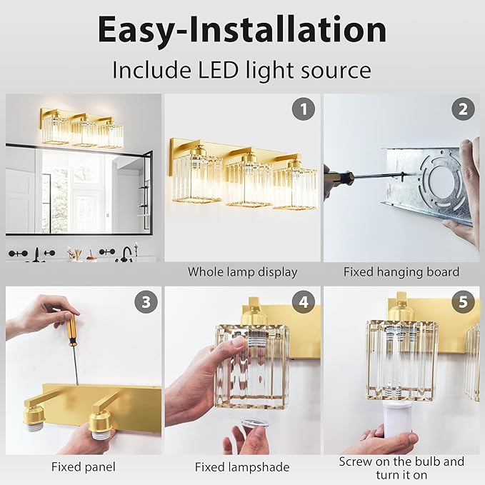 Bathroom Vanity Light Fixtures Over Mirror - Makeup Lighting Pure Gold - for Modern Wall, Bath, Desk, Farmhouse, Hallway 3 Crystal Lights