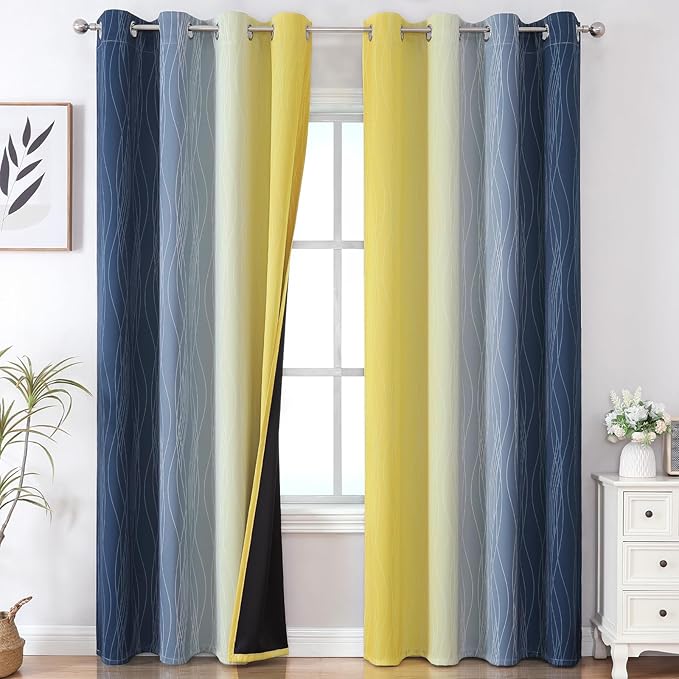 Estelar Textiler Navy Blue and Yellow Gradient Blackout Curtains for Bedroom, Thermal Insulated Ombre Blackout Drapes, Full Light Blocking Energy Saving Curtains for Living Room,52Wx96L,2 Panels