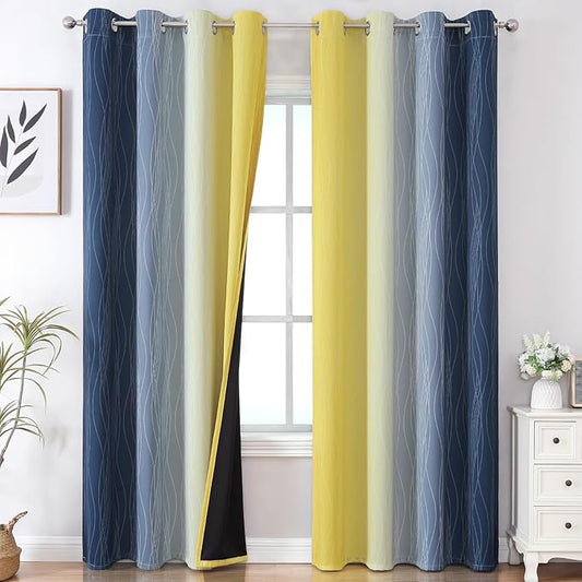 Estelar Textiler Navy Blue and Yellow Ombre Blackout Curtains 90 Inches Long 2 Panels for Living Room,Thermal Insulated Drapes for Bedroom,Full Light Blocking Grommet Curtains for Sliding Door,52Wx90L