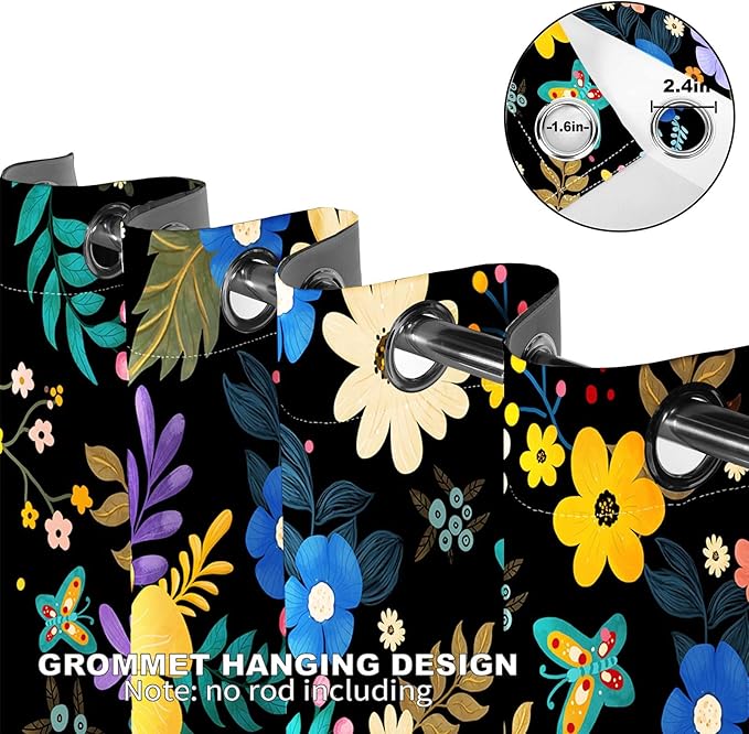 Colorful Flowers Floral Curtain Boho Pile Flowers Halloween Spring Summer Decor Women Girls Wife Mom Kids Bedroom Nursery Kitchen Dining Living Room Darkening Grommet Window Drapes 2 Panels, 52"x63"