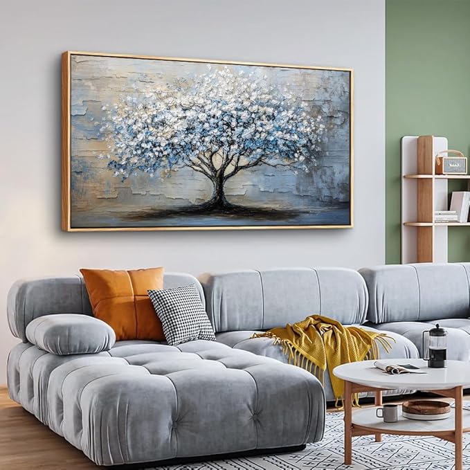 ERQINHUA Wall Art For Living Room Large Wall Decor Art For Office Abstract Pictures Blue Grey Tree Restaurant Wall Painting Framed Canvas Printing Art Bedroom Home Decoration Wood Framed 20"X40"