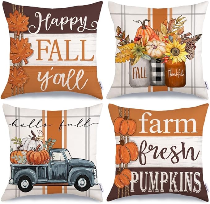GEEORY Fall Pillow Covers 18 x 18 Inch Set of 4, Happy Fall Y'all Stripes Pumpkins Mason Jar Thankful Decor, Cushion Cases for Farmhouse Home Party Sofa Couch (Brown) G355-18