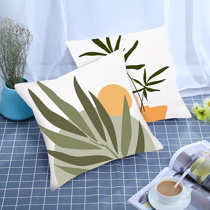 COMMINY Abstract Boho Pillow Covers 18x18 Set of 6,Rustic Sunset Leaves Throw Pillow Cover,Minimalist Modern Pillow Case for Couch Sofa Room Home Decor