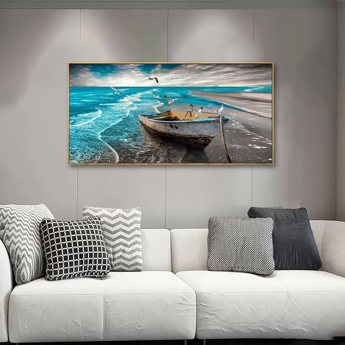 Ocean Canvas Wall Art Prints Waves Seascape Paintigns Boat Seagulls Beach Wall Decor for Living Room Bedroom Natural Scenery Artwork 20 * 40inch