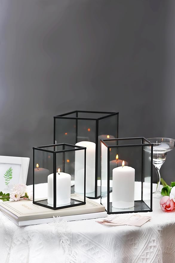 yshengood Hurricane Candle Holder 6 PCS, Black Glass Candle Holder Square Hurricane Candle Centerpieces for Tables Decorativ, Wedding, Thankgiving