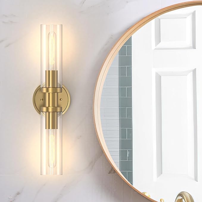 Espird Bathroom Light Fixtures 2-Light Gold, Bathroom Vanity Lights Over Mirror, Wall Sconces, Industrial Lighting, Modern Brushed Gold Vanity Lighting Fixtures w/Glass Shades