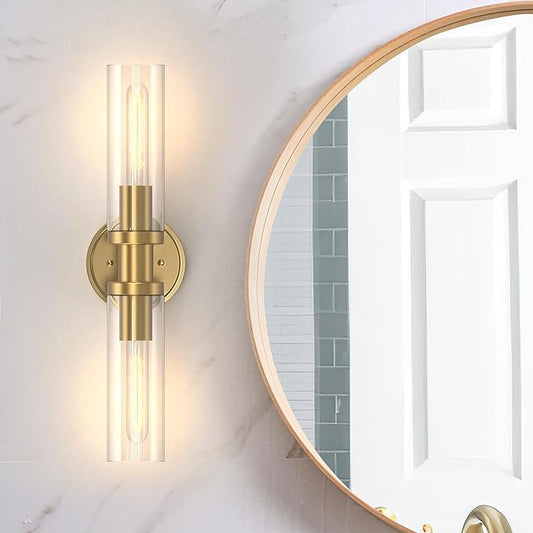 Espird Bathroom Light Fixtures 2-Light Gold, Bathroom Vanity Lights Over Mirror, Wall Sconces, Industrial Lighting, Modern Brushed Gold Vanity Lighting Fixtures w/Glass Shades