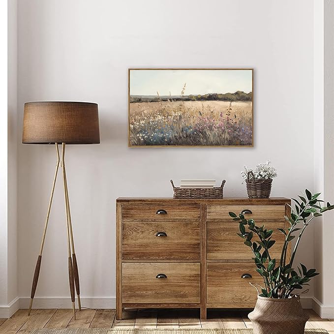 KBKBART Framed Vintage Wall Art Prints, Retro European Country Autumn Wildflower Field Landscape Canvas Painting Farmhouse Decor, Rustic Antique Framed Canvas Wall Art for Bathroom, Bedroom, Living