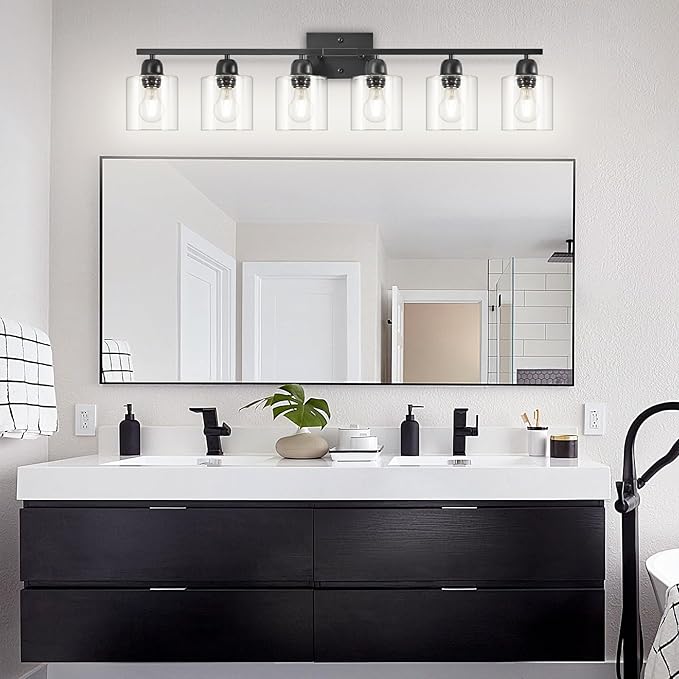 6 Light Black Bathroom Vanity Light, Vanity Lighting Fixtures with Clear Glass,38 inch Black Light Fixture Bathroom for Oversized Mirrors Living Room Bedroom Hallway E26 Base