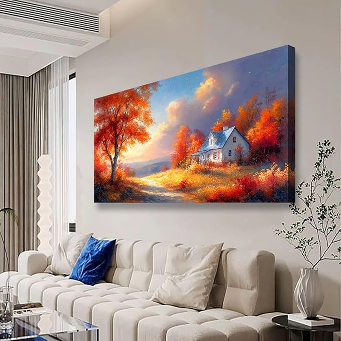 Village House Red Tree Canvas Wall Art Bedroom Wall Decor Living Room,Autumn Scenery Wall Art Office Kitchen Paintings Artwork Modern Abstract Pictures Art Prints Waterproof Ready to Hang-20x40inch