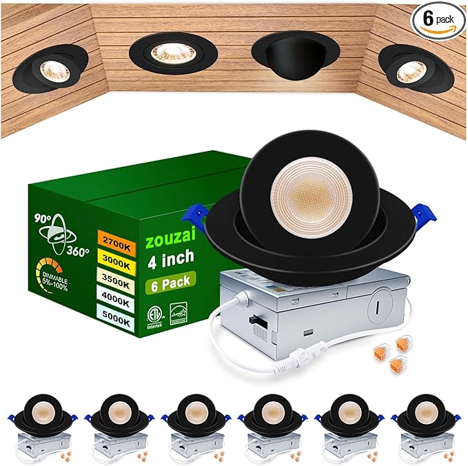 zouzai Second Generation 5CCT LED Gimbal Led Recessed Light with Junction Box, 360ยฐ+90ยฐ Adjustable Directional Eyeball Lighting, Dimmable, 2700K-5000K,ETL&Energy Star (Black 6 Pack, 4 inch)
