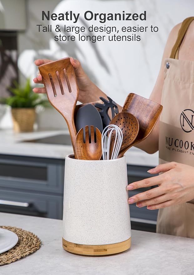 Nucookery 360° Rotating Utensils Holder, 8.2" Extra High Large Ceramic Kitchen Utensil Holder with Countertop-Protection Cork Bottom, Farmhouse Kitchen Decor for Counter (Sand)