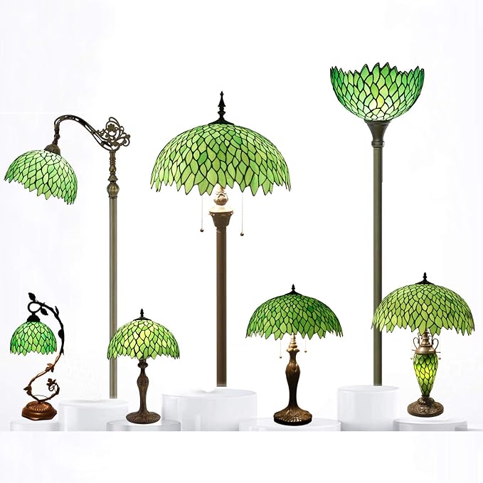 WERFACTORY Tiffany Table Lamp Green Wisteria Style Stained Glass Desk Bedside Reading Light 12X12X18 Inches Decor Bedroom Living Room Home Office S523 Series