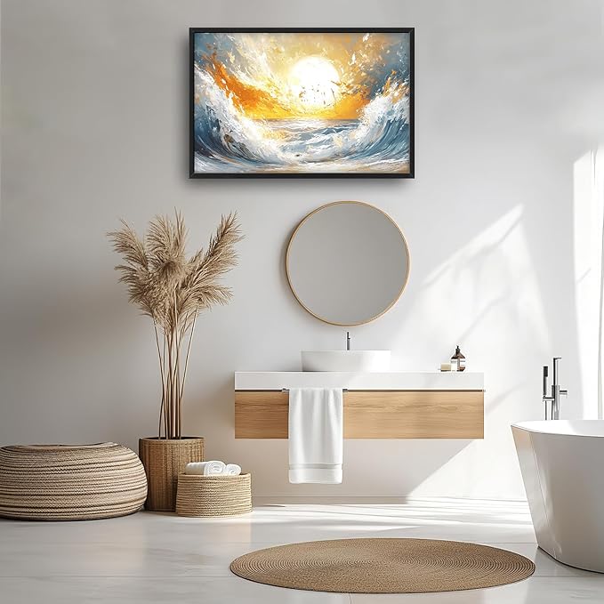 Trulave Ocean Sea Framed Wall Art for Living Room, Large Waves Canvas Wall Decor, Vintage Beach Sunset Pictures, Modern Artwork for Bathroom Bedroom 36L'' × 24W''