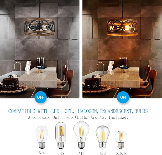 XINGQI Farmhouse Drum Pendant Light Modern 3-Light 13" Chandeliers for Dining Room, Vintage Retro Metal Hanging Light Fixtures for Entryway, Bedroom, Matte Black + Wood Grain Finish