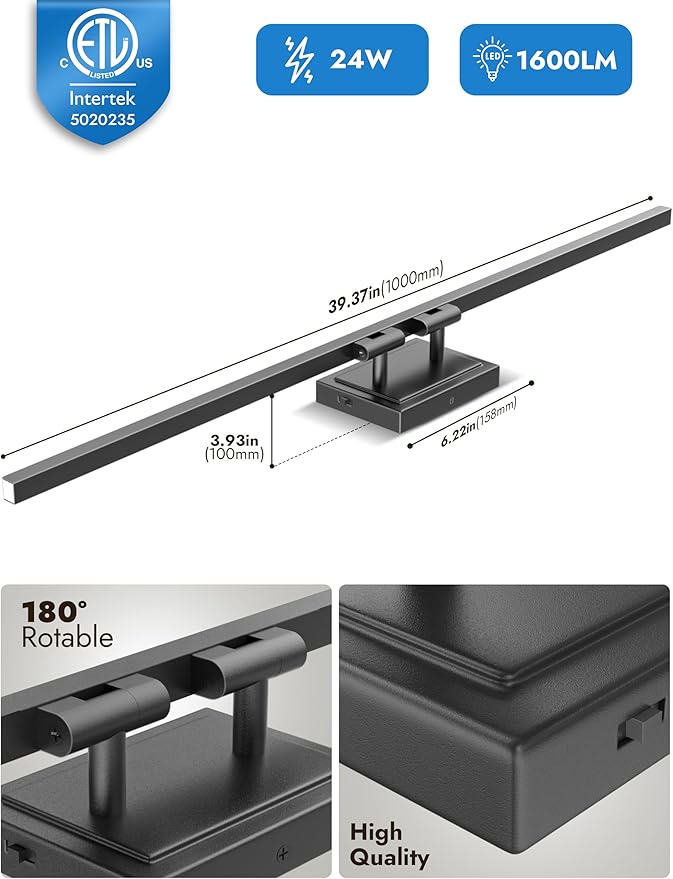 NIORSUN 39.4 Inch Modern Bathroom Light Fixture, 24W 5CCT Dimmable LED Black Bathroom Vanity Lights Over Mirror, Vanity Lights for Bathrooms Restroom Mirror- ETL Certified