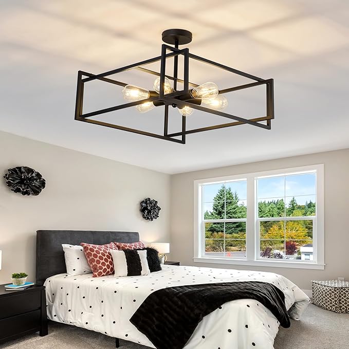 ZGLAOJT 6-Lights Close to Ceiling Light 22.83 Inch Black Light Fixture Industrial Flush Mount Ceiling Large Farmhouse Chandelier Lighting for Kitchen Island Dining Room Bedroom Foyer Hallway