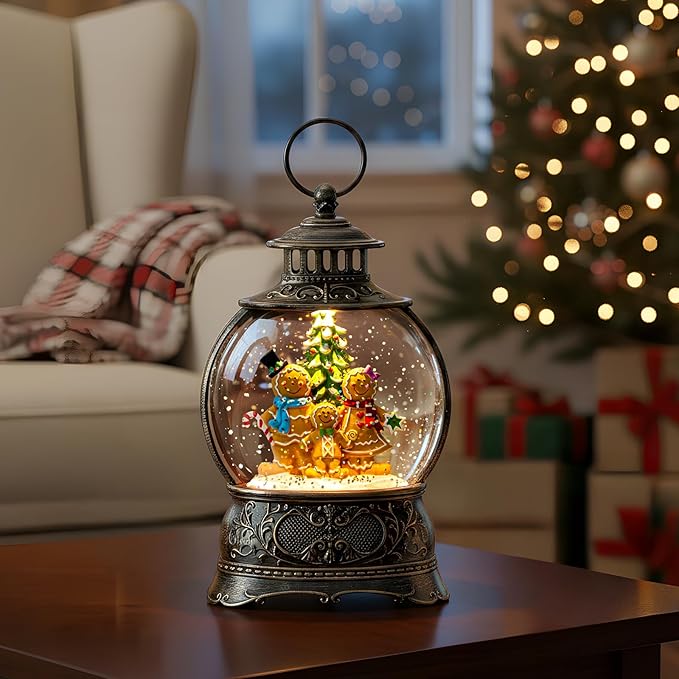 Christmas Snow Globe Lighted Gingerbread Man Family Scene, Musical Snow Water Lantern Swirling Glittering Home Decoration and Gift, Battery Operated or USB Powered