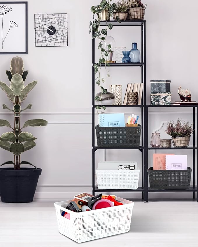 Plastic Storage Baskets For Organizing, 6 Pack Organization and Storage Containers, Storage Baskets for Shelves Drawers Desktop Closet Playroom Classroom Office, White