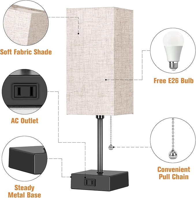Table Lamp for Bedroom Set of 2, Bedside Lamps with 3 Color Temperatures Night Light, Lamp for Night Stands with AC Outlet and Square Shade, Pull Chain Small Desk Lamp for Living Room Home Decor