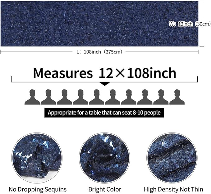 10 Packs 12 x 108 inches Navy Blue Sequin Table Runner, Glitter Navy Blue Table Runner for Wedding Birthday Bachelorette Holiday Party Supplies Decorations Bridal Shower Baby Shower