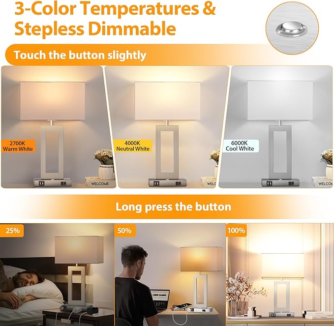 3 Color Temperatures Touch Control Table Lamps Set of 2, Stepless Dimmable Bedside Lamps with 2 USB Ports&AC Outlet, Modern Nightstand Lamps for Bedroom Living Room, Bulbs Included, Silver&White