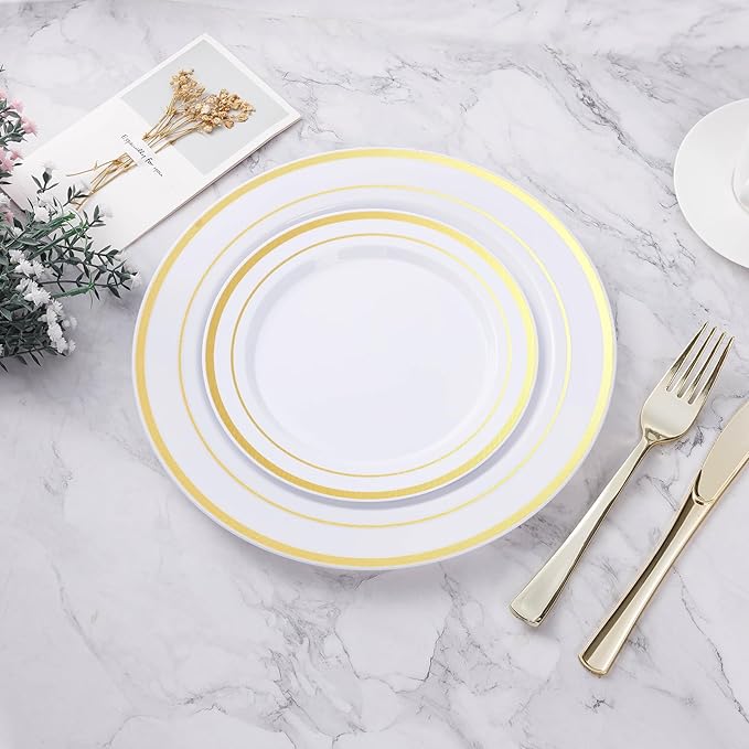 100PCS Gold Plastic Plates, 10.25 Inch Disposable Dinner Plate Party with Gold Rim for Christmas, Thanksgiving, Heavy Duty Disposable Plastic Plates for Party, Wedding and Birthday, Events