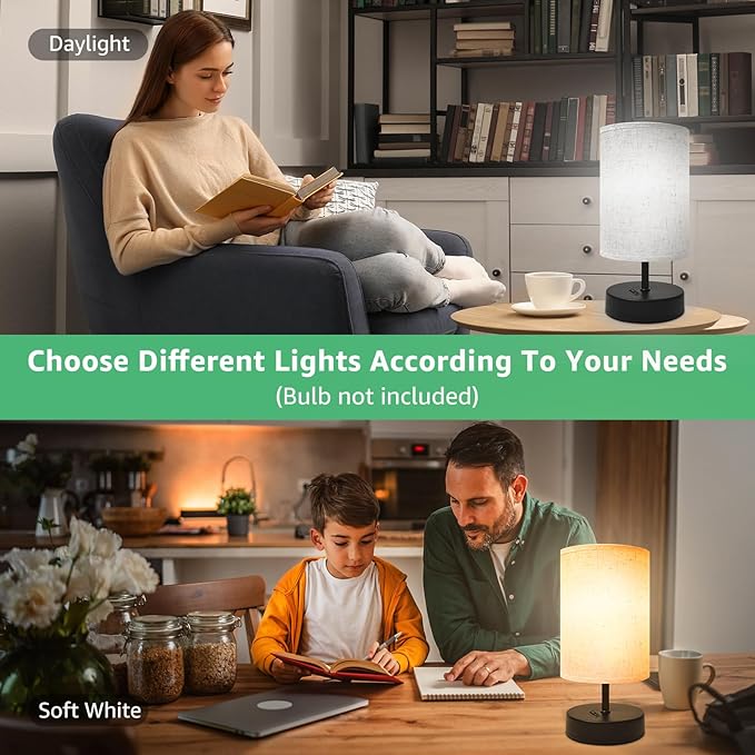 Small Bedside Lamp, Mini Minimalist Table Lamp with Round Flaxen Fabric Shade, 9 Inch Desk Reading Lamp for Bedroom, Living Room, Office, 1 Pack