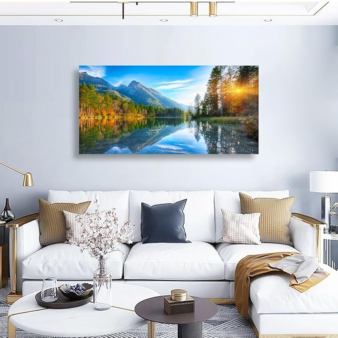 Landscape Canvas Wall Art for Living room Office Bedroom Sunshine Forest Scenery Wall Art Mountain Lake Pictures Art Print Paintings Modern Green Nature Wall Decor Artwork Waterproof -20 * 40inch
