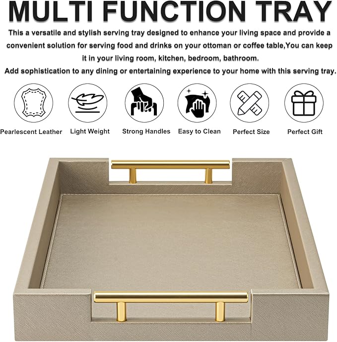 Champagne Faux Leather Serving Tray with Handles,20x14 inches, Large Decorative Tray for Ottoman Coffee Table Decor Living Room, Kitchen, Bathroom